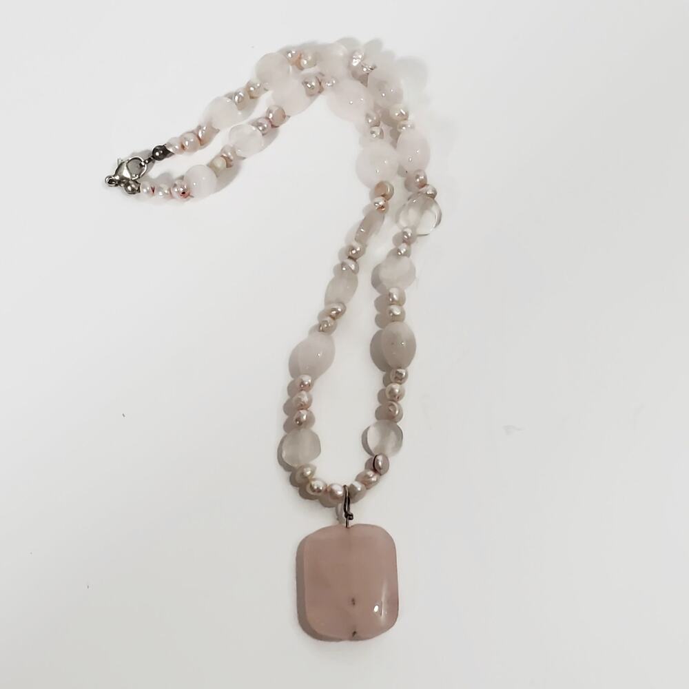 Rose Quartz & Freshwater Pearl Necklace Sterling Silver Clasp 15"